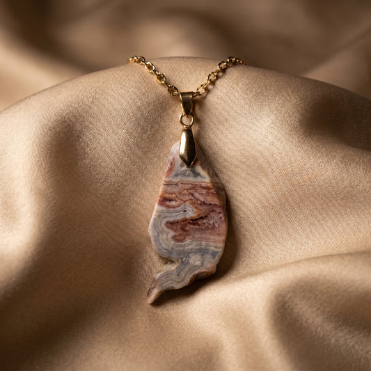 Handmade Peach and Grey Agate Geode Slice Necklace, Gold Chain