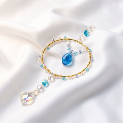 Blue Glass and Crystal Suncatcher, Gold Hoop Window Hanging