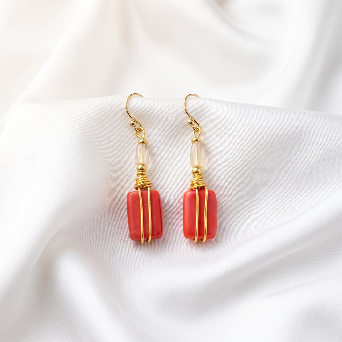 Red Coral Gold Wire Wrapped Earrings, Boho Beach Dangle
