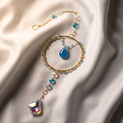 Blue Glass and Crystal Suncatcher, Gold Hoop Window Hanging