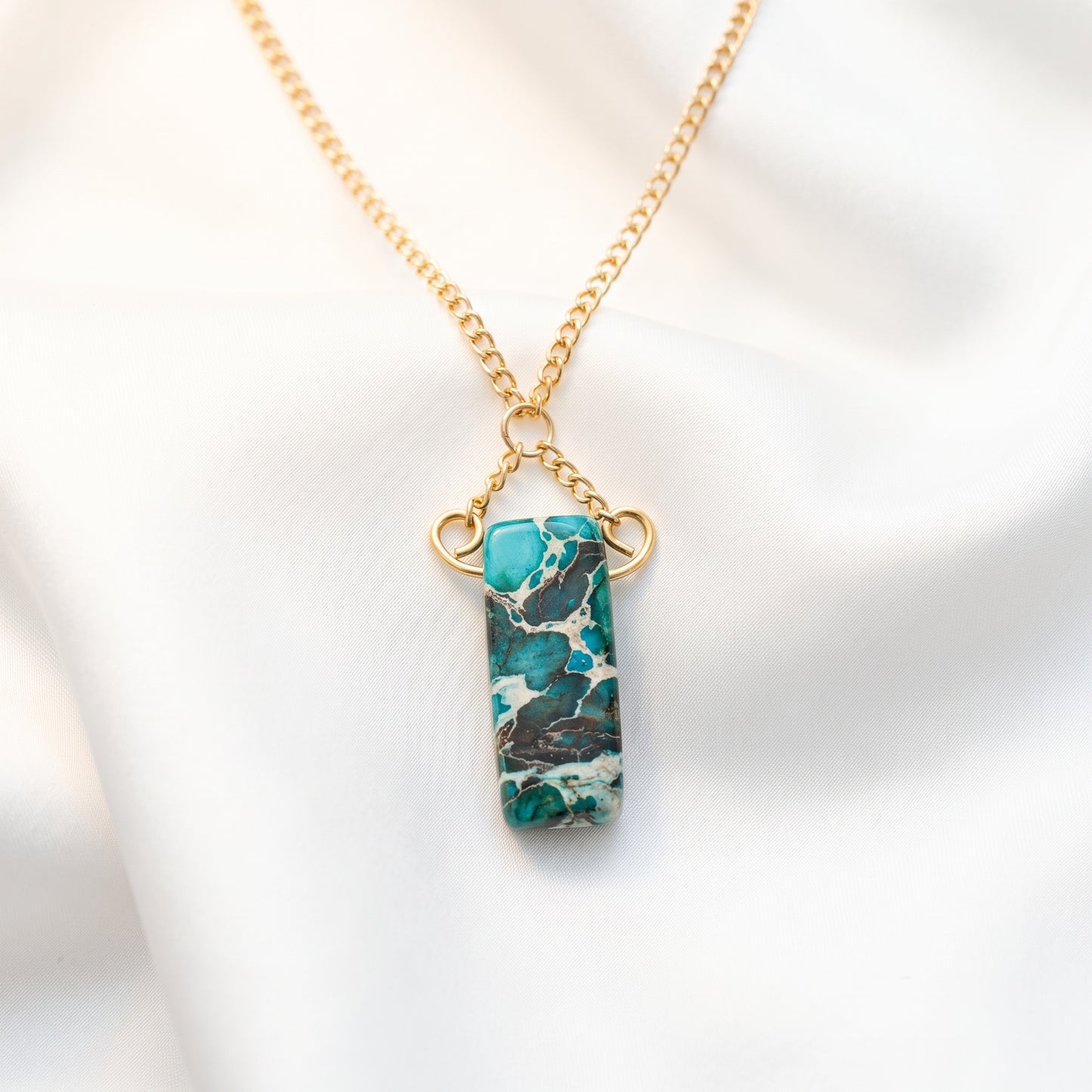 Teal Jasper Stone Gold Pendant Necklace, Everyday Boho Style
