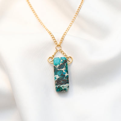 Teal Jasper Stone Gold Pendant Necklace, Everyday Boho Style