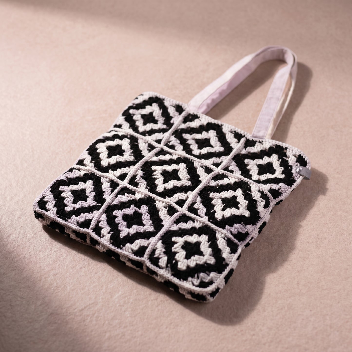 Black and White Crochet Tote Bag, Handmade