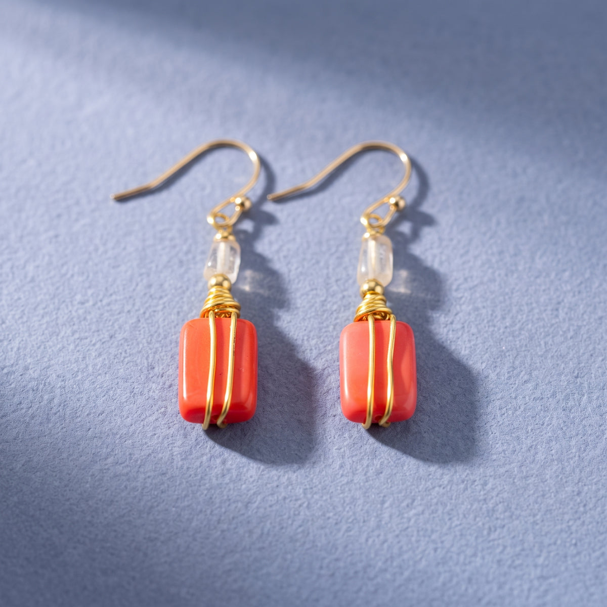 Coral Red Stone Gold Wire Wrapped Earrings, Dangle Drop