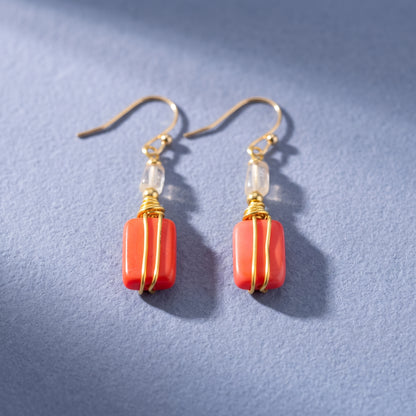 Coral Red Stone Gold Wire Wrapped Earrings, Dangle Drop