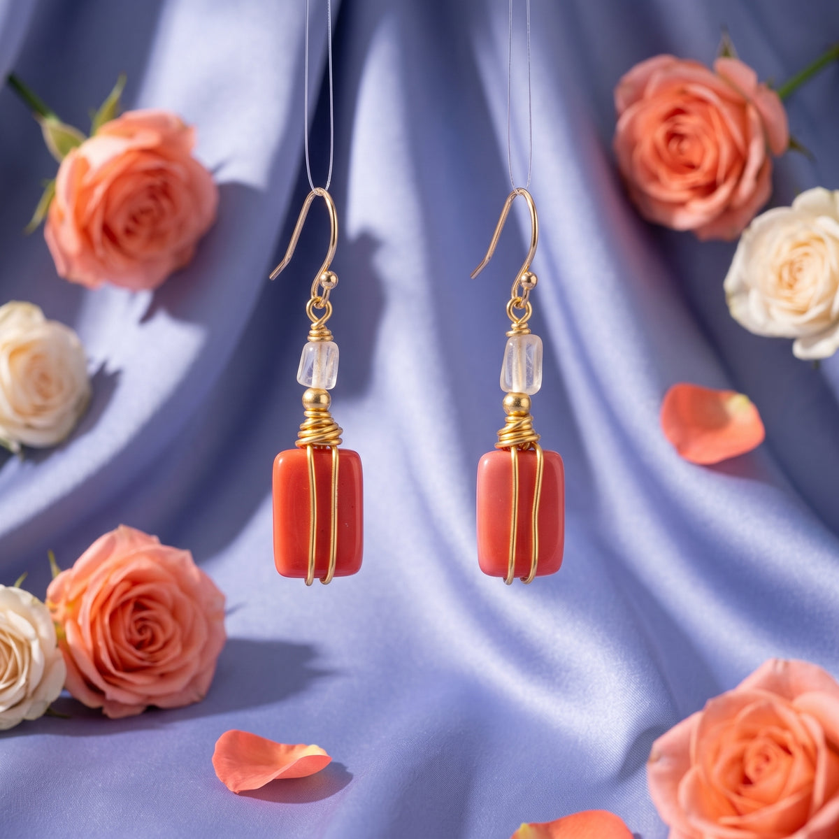 Coral Red Stone Gold Wire Wrapped Earrings, Dangle Drop