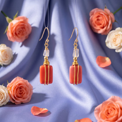 Coral Red Stone Gold Wire Wrapped Earrings, Dangle Drop