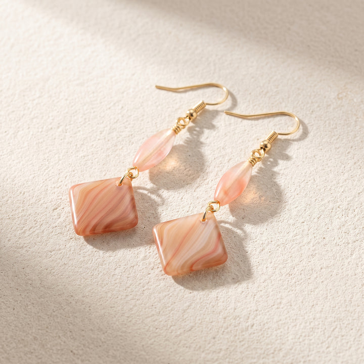 Marbled Glass Peach Drop Earrings, Earthy Boho Style