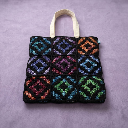 Rainbow Crochet Tote Bag, Black and Multicolor, Handmade
