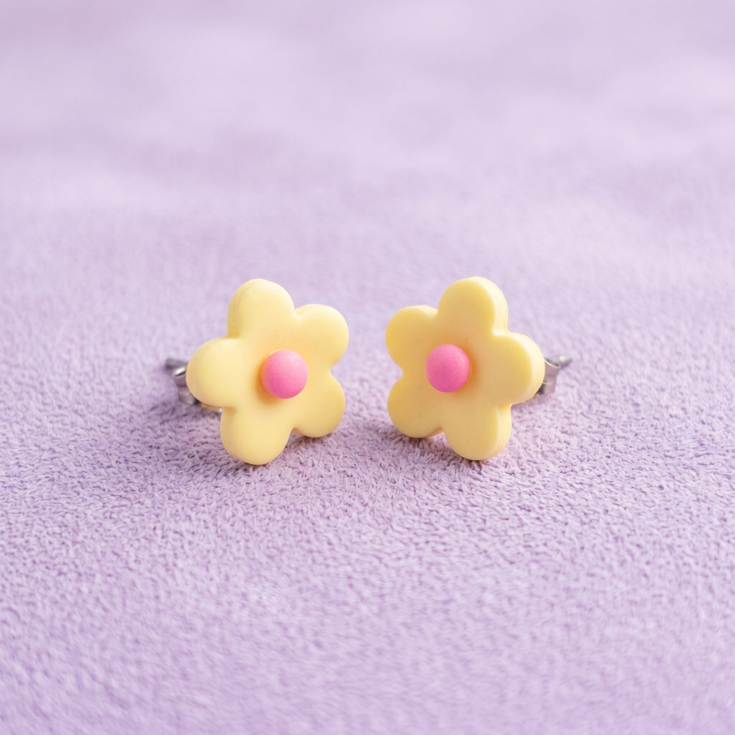 Resin Yellow and Pink Flower Stud Earrings, Retro Pastel Style