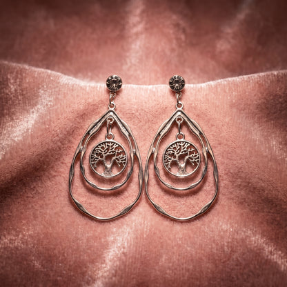 Handmade Tree of Life Teardrop Earrings, Silver