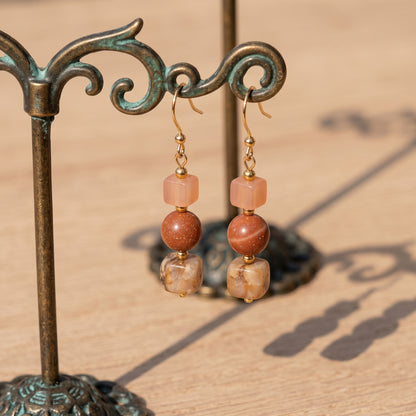 Goldstone and Peach Beaded Drop Earrings, Earthy Neutral