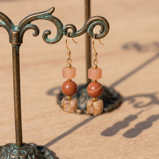 Goldstone and Peach Beaded Drop Earrings, Earthy Neutral